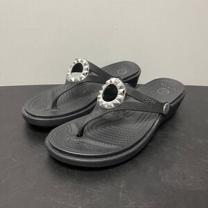 CROCS Womens Sanrah Silver Ring Wedge Sandals Black Size 8 Bling